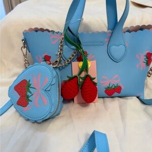 Juicy Couture Light Blue Strawberry Print Tote with Coin Pouch and Charm